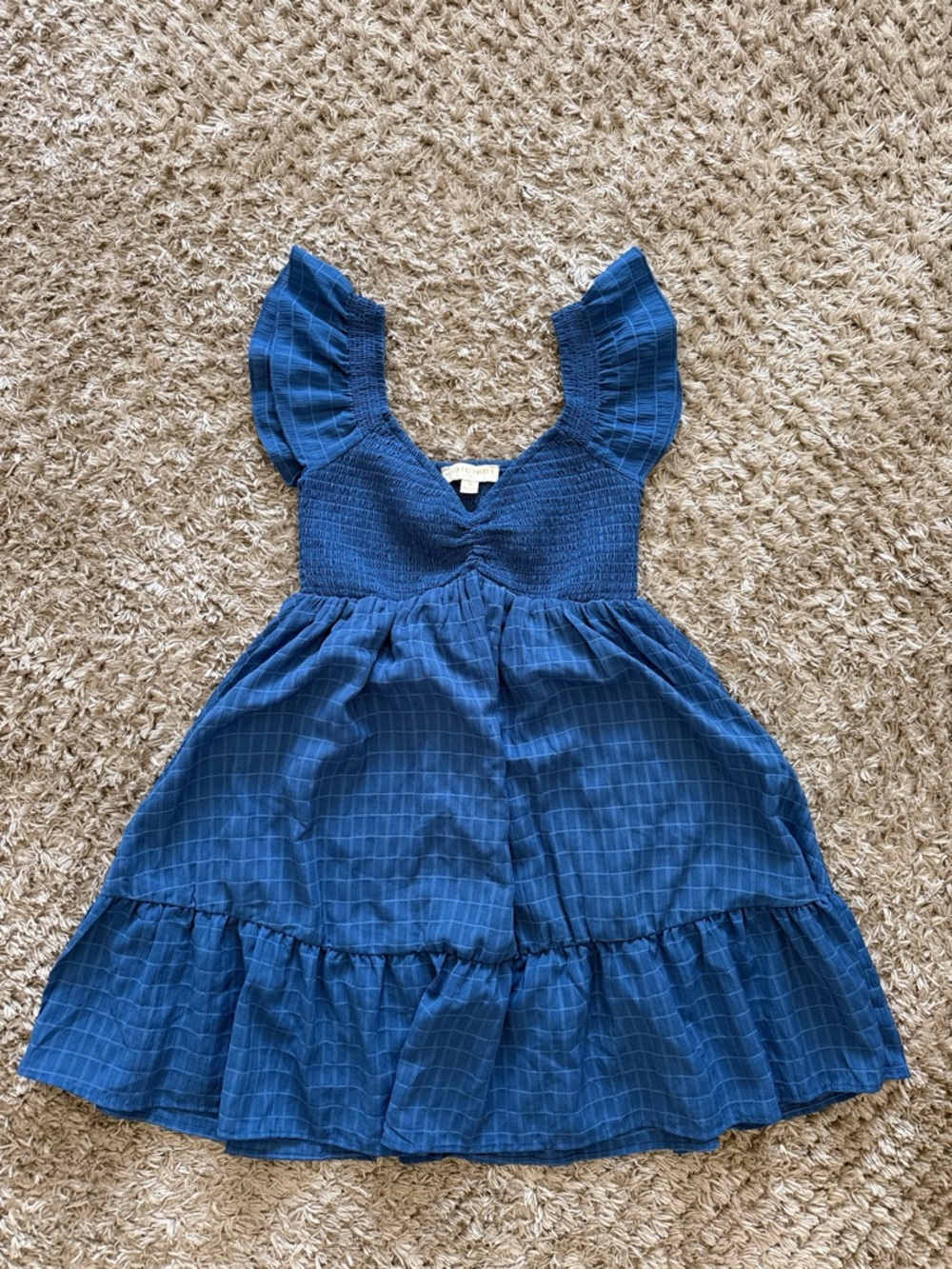 Blue Smocked Bodice Ruffle Sleeve Dress
